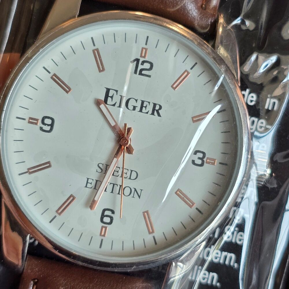 NEW Eiger Men’s Watch Round Silver Tone w/ bronze accents brown band Speed Editi